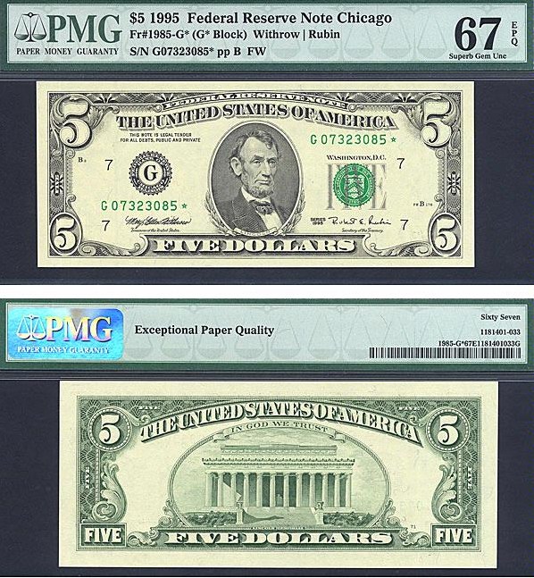 image for: Fr.1985G (G* Block) 1995 $5 Fort Worth, TX PMG Gem CU67 EPQ [G07323085] *Star* 