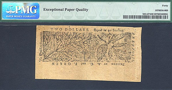 image for: Maryland: 1774 $2 April 10 PMG XF40 EPQ (Fr.MD67)