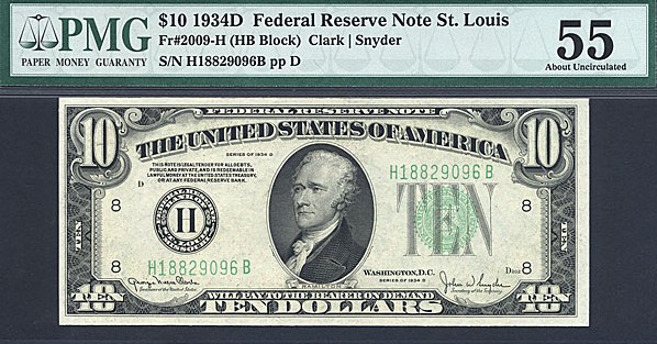 image for: 1934D $10 PMG AU55 (Fr.2009-H, HB Block)