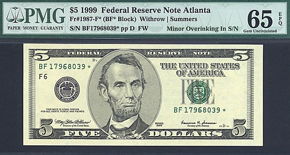 image for: Fr.1987F* (BF* Block) 1999 $5 Fort Worth, TX PMG Gem CU65 EPQ [BF17968039] Minor Overinking In S/N