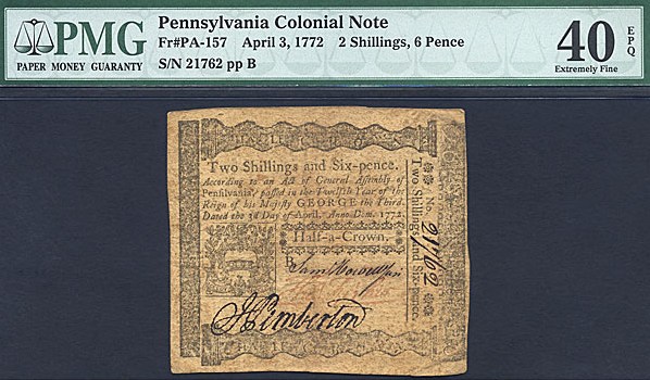 image for: Penn: 1772 2s/6d 3-Apr PMG XF40 EPQ (Fr.PA157)