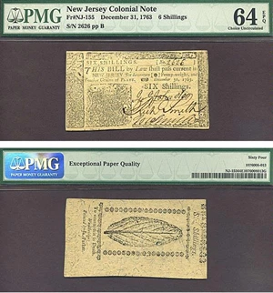image for: New Jersey: 1763 6s 31-Dec PMG Choice CU64 EPQ (Fr.NJ155)