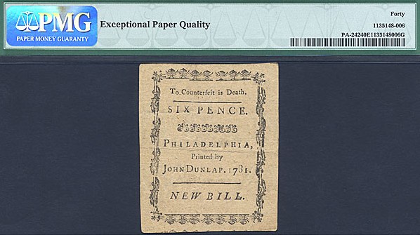 image for: Penn: 1781 6d 20-Apr PCGS XF40 EPQ (Fr.PA242)