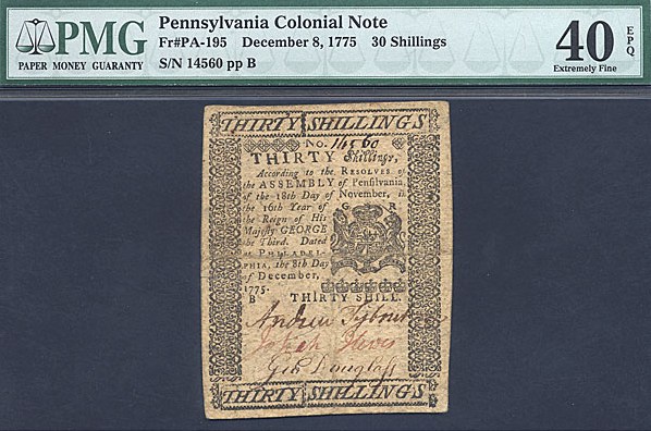 image for: Pennsylvania: Fr.PA195 1775 30s 8-Dec PMG XF40 EPQ [14560]