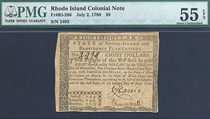 image for: Rh. Island: 1780 $8 2-Jul PMG AU55 EPQ (Fr.RI288)