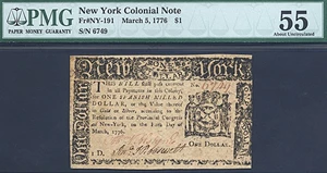 image for: New York: 1776 $1 5-Mar PMG AU55 (Fr.NY191)