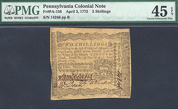 image for: Pennsylvania: Fr.PA156 1772 2s 3-Apr PMG XF45 EPQ  [14246]