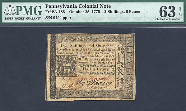 image for: Pennsylvania: Fr.PA188 1775 2s/6d 25-Oct PMG Choice CU63 EPQ  [9494]