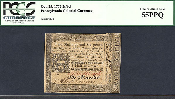 image for: Penn: 1775 2s/6d 25-Oct PCGS AU55 PPQ (Fr.PA188)