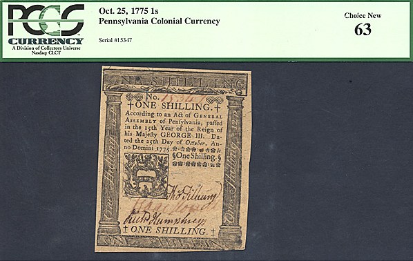 image for: Pennsylvania: Fr.PA186 1775 1s 25-Oct PMG Choice CU63  [15347]