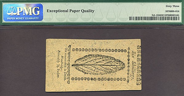 image for: New Jersey: 1763 6s 31-Dec PMG Choice CU63 EPQ (Fr.NJ155)