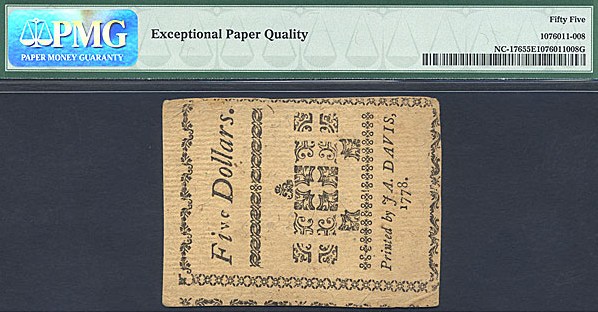 image for: North Carolina: 1778 $5 8-Aug PMG AU55 EPQ (Fr.NC176)