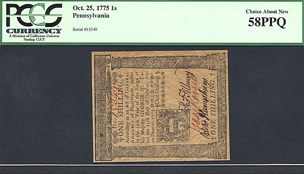 image for: Penn: 1775 1s 25-Oct PCGS AU58 PPQ (Fr.PA186)