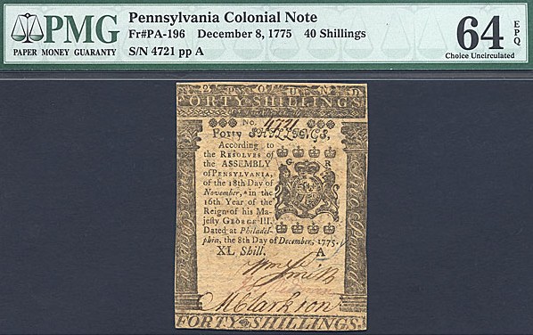 image for: Penn: 1775 40s 8-Dec PCGS Choice CU64 EPQ (Fr.PA196)