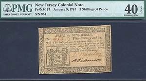 image for: New Jersey: 1781 3s/6d 9-Jan PMG XF40 EPQ (Fr.NJ197)