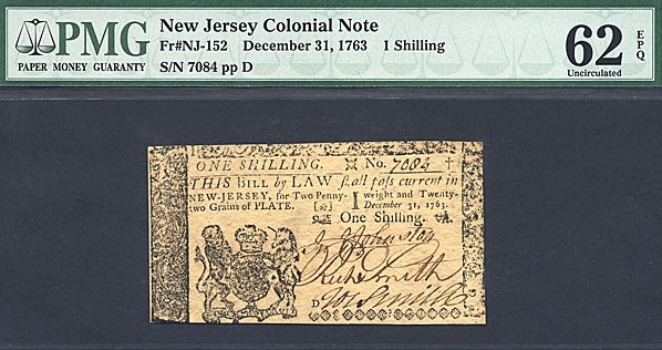 image for: New Jersey: Fr.NJ152 1763 1s 31-Dec PMG CU62 PPQ  [7084]