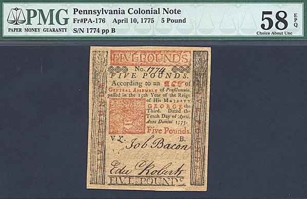 image for: Pennsylvania: Fr.PA176 1775 ?5 10-Apr PMG AU58 EPQ  [1774]
