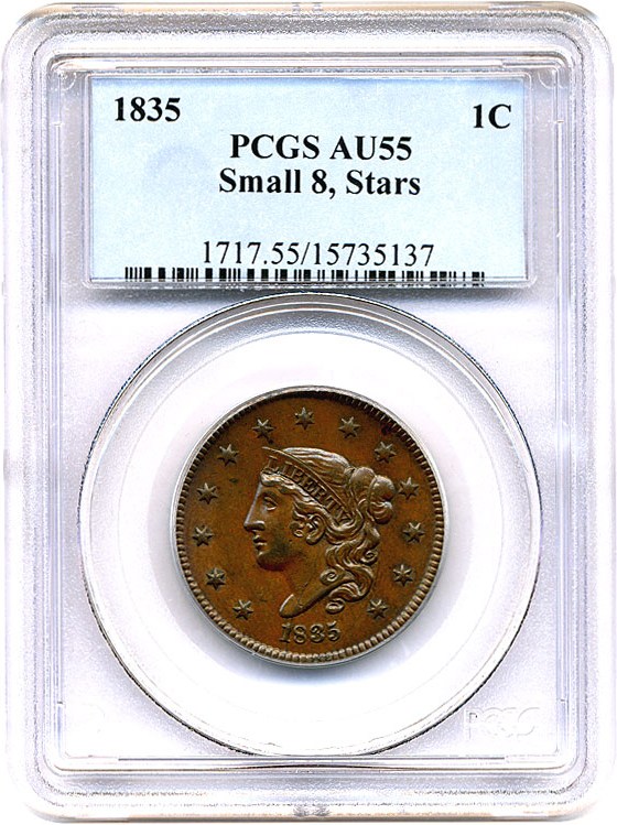 image for: 1835 1c PCGS AU55 (Small 8, Stars)