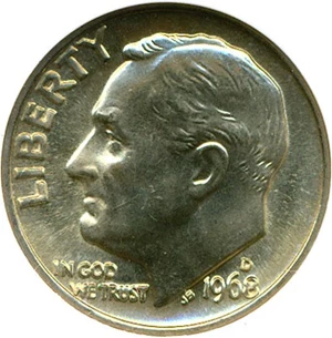 image for: 1968-D 10c ANACS MS65 FB