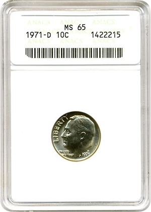 image for: 1971-D 10c ANACS MS65
