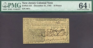 image for: New Jersey: 1763 18d 31-Dec PMG Choice CU64 EPQ (Fr.NJ153)