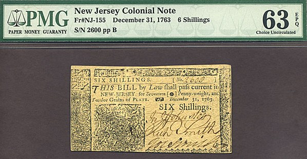 image for: New Jersey: 1763 6s 31-Dec PMG Choice CU63 EPQ (Fr.NJ155)