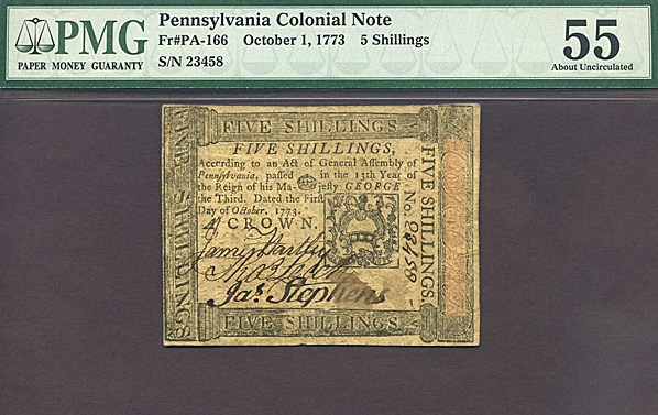image for: Pennsylvania: Fr.PA166 1773 5s 1-Oct PMG AU55  [23458]