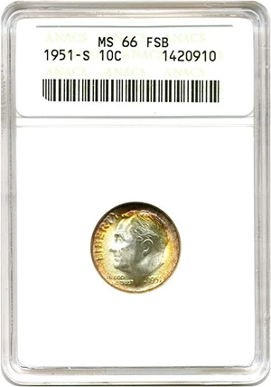 image for: 1951-S 10c ANACS MS66 FB