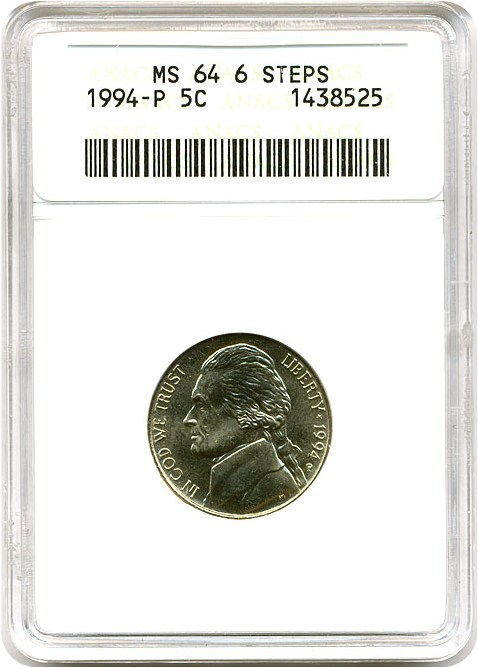 image for: 1994-P 5c ANACS MS64 (6 Steps)