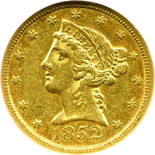 image for: 1852-C $5 NGC/CAC AU50