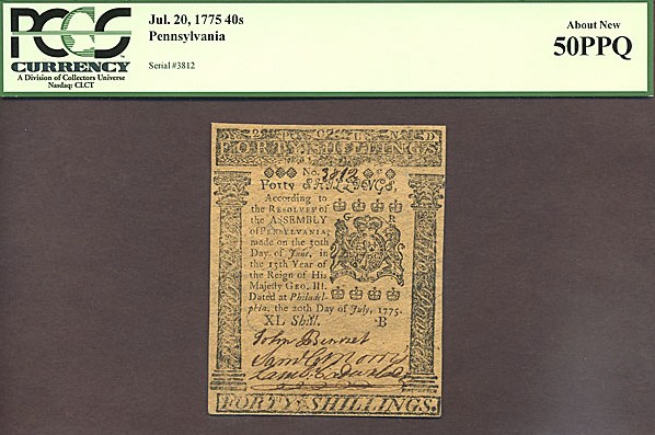 image for: Penn: 1775 40s 20-Jul PCGS AU50 PPQ (Fr.PA180)