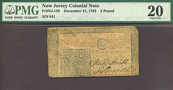 image for: New Jersey: 1763 ?3 31-Dec PMG VF20 (Fr.NJ159)