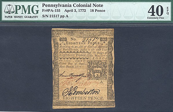 image for: Penn: 1772 18d 3-Apr PMG XF40 (Fr.PA155)