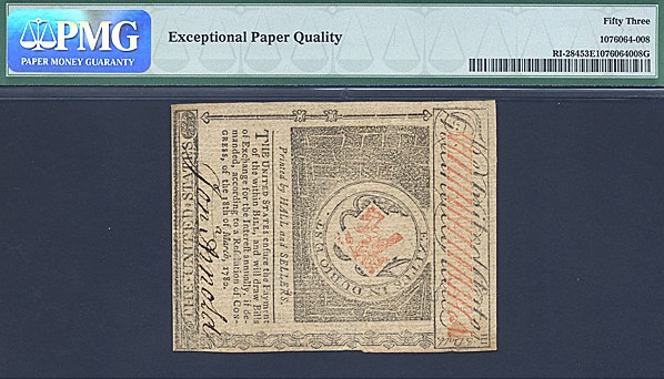 image for: Rh. Island: Fr.RI284 1780 $3 2-Jul PMG AU53 EPQ  [1576]