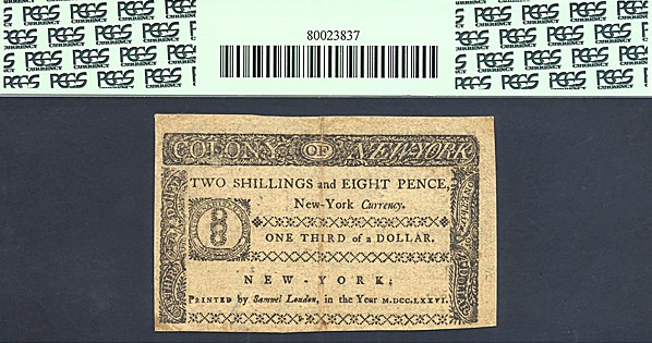 image for: New York: 1776 $1/3 March 5 PCGS XF40 (Fr.NY188)