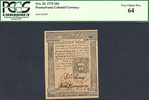 image for: Pennsylvania: Fr.PA187 1775 18d 25-Oct PCGS Choice CU64  [15348]