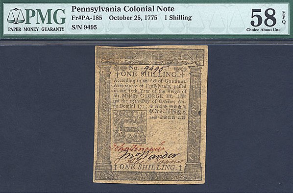 image for: Pennsylvania: Fr.PA185 1775 9d 25-Oct PMG AU58 EPQ [9495]