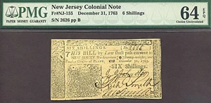 image for: New Jersey: 1763 6s 31-Dec PMG Choice CU64 EPQ (Fr.NJ155)