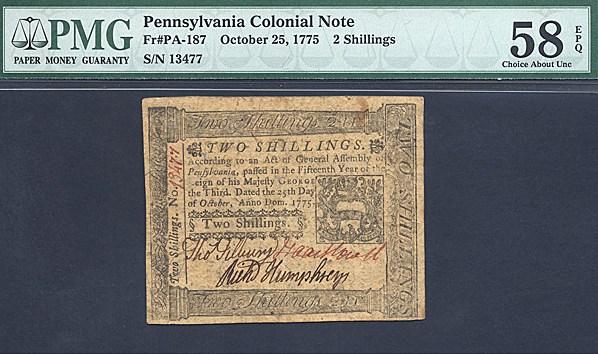 image for: Penn: 1775 18d 25-Oct PMG AU58 EPQ (Fr.PA187)