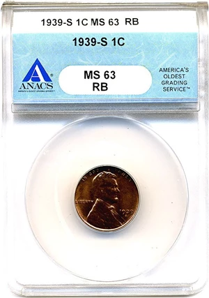 image for: 1939-S 1c ANACS MS63 RB