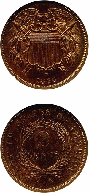image for: 1864 Small Motto 2c NGC MS66 RB (FS-000.5)