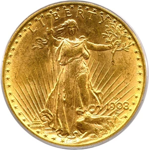 image for: 1908-D No Motto $20 PCGS MS64