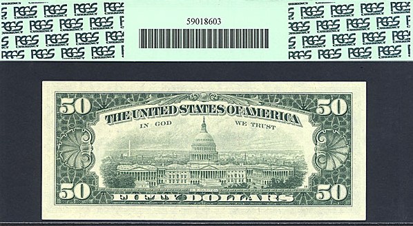 image for: Error: 1969C $50  PCGS Gem CU65 PPQ [G14543319A] (Fr.2117G, Mis-aligned Overprint) ex: Great Lakes Collection