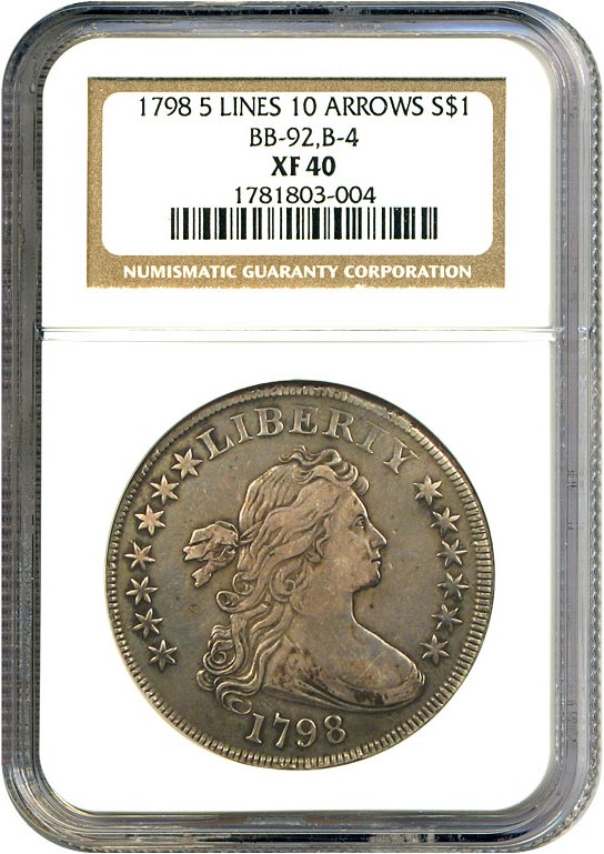 image for: 1798 $1 NGC XF40  (Large Eagle, 5 Lines, 10 Arrows, BB-92, B-4)