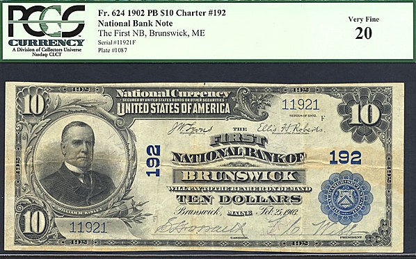image for: 1902 $10 FNB of Brunswick, ME PCGS F12 (Fr.624, Charter #192)