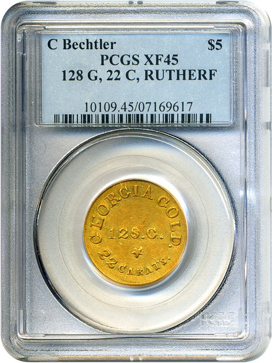 image for: C.Bechtler $5 PCGS XF45 (RUTHERFORD, 128G, 22C) 