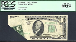 image for: Error: Fr. 2009-G 1934D $10 PCGS Gem CU65 PPQ ** Printed Foldover **