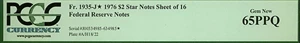 image for: Uncut Sheet: 1976 $2 PCGS Gem CU65 PPQ (Fr.1935J *Star*, Sheet of 16 Notes)