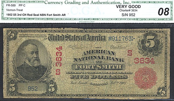 image for: 1902 $5 ANB of Fort Smith, AR CGA VG8 (Fr.589, Charter #3634, Red Seal)