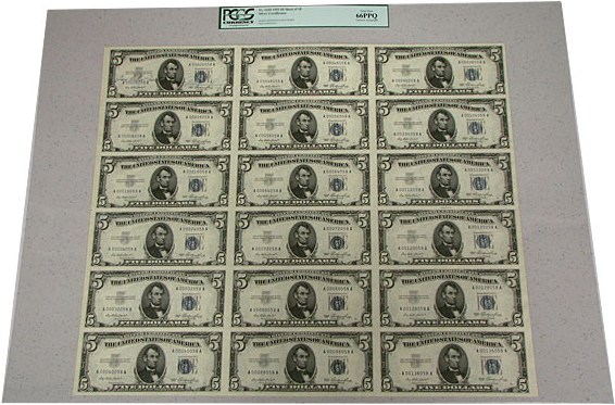 image for: Signed Sheet: 1953 $5 PCGS Gem CU66 PPQ (Fr.1655, Sheet of 18 Notes)
